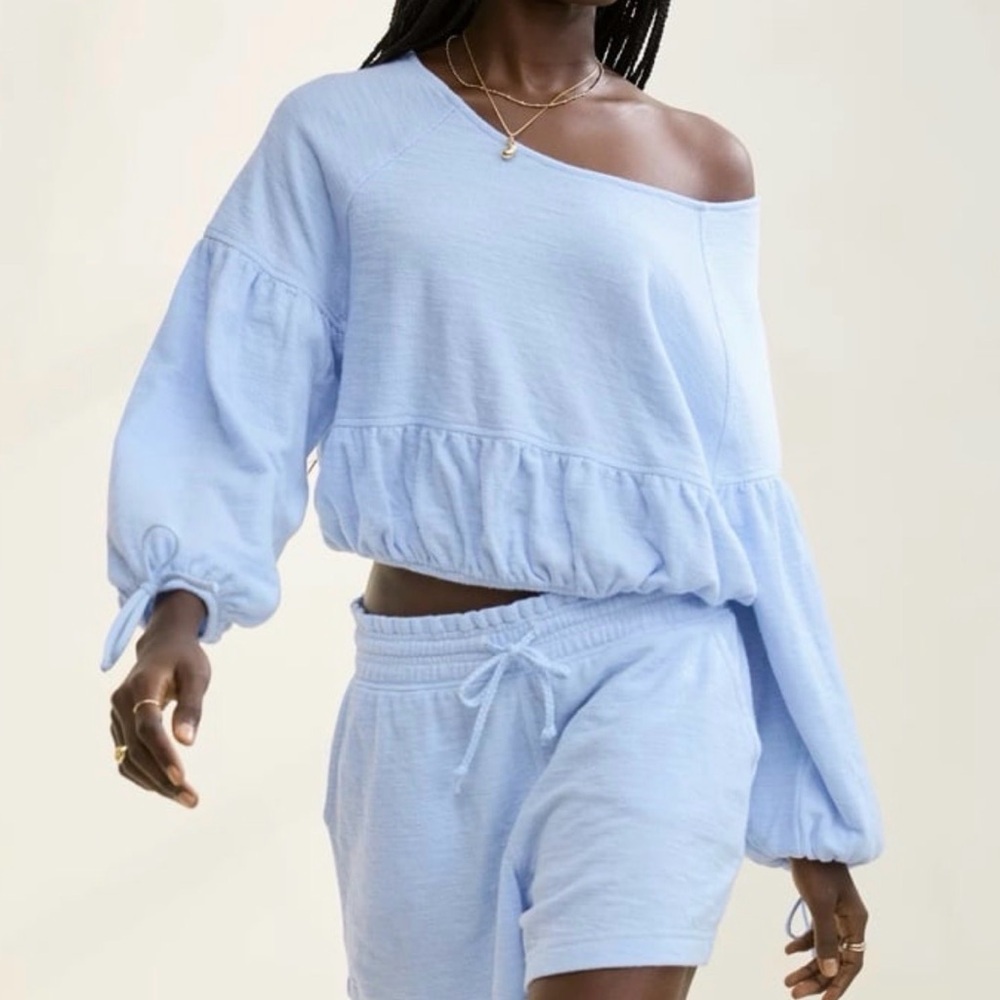 aerie Light Blue Off-Shoulder Cropped Sweatshirt - Picture 2 of 8
